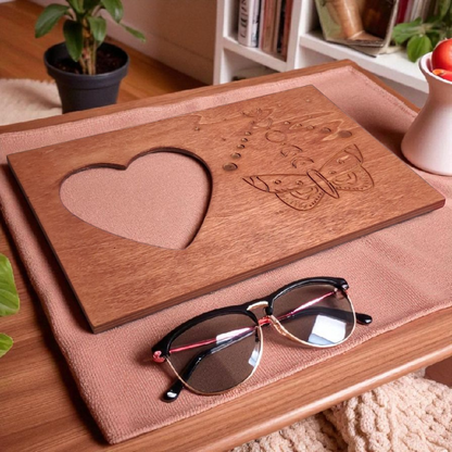 Engraved Wooden Heart Picture Frame – 6x9 Luna Moth & Moon Phase Design – Boho Spiritual Home Decor