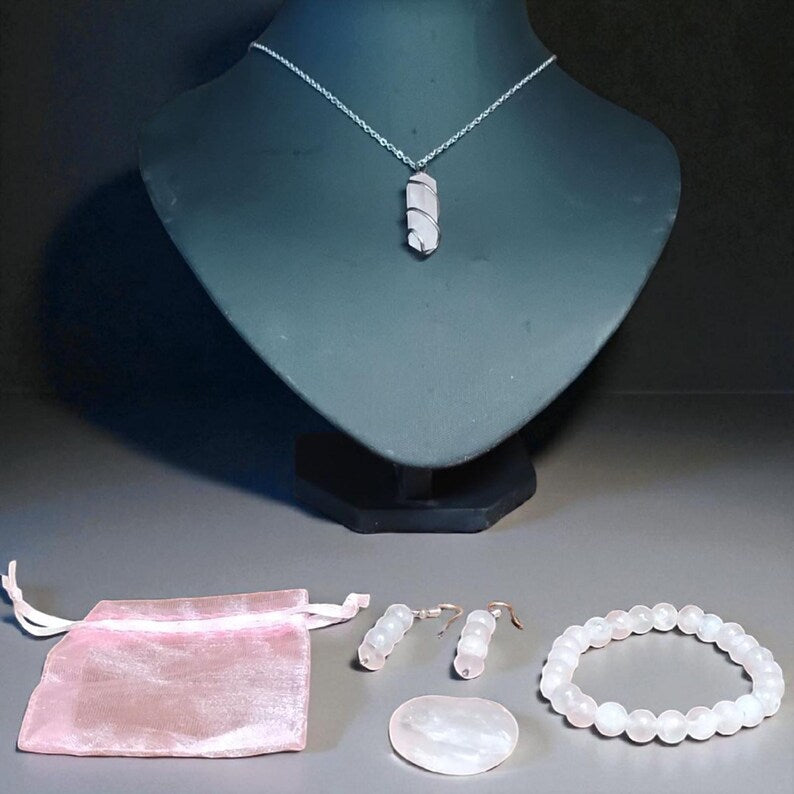Rose Quartz Crystal Jewelry Set – Necklace, Bracelet, Earrings & Palm Stone with Gift Bag