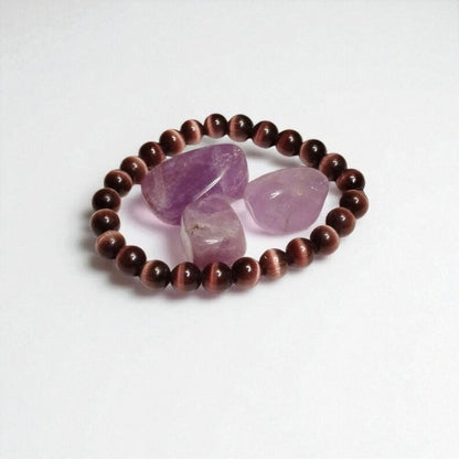 Purple Glass Cat’s Eye Bracelet with 3 Amethyst Tumbled Stones – Intuition, Protection & Spiritual Healing