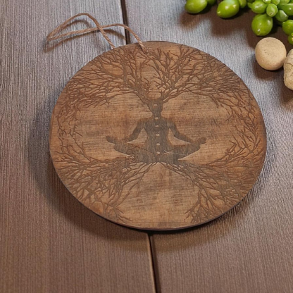 Engraved Wooden Wall Hanging – 6" Tree of Life Meditating Figure Design | Spiritual Home & Altar Décor