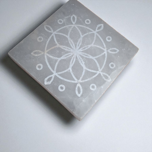 Selenite Engraved Charging Plate – 4.5" x 4.5" x 0.5" Crystal Grid Energy Cleansing Slab
