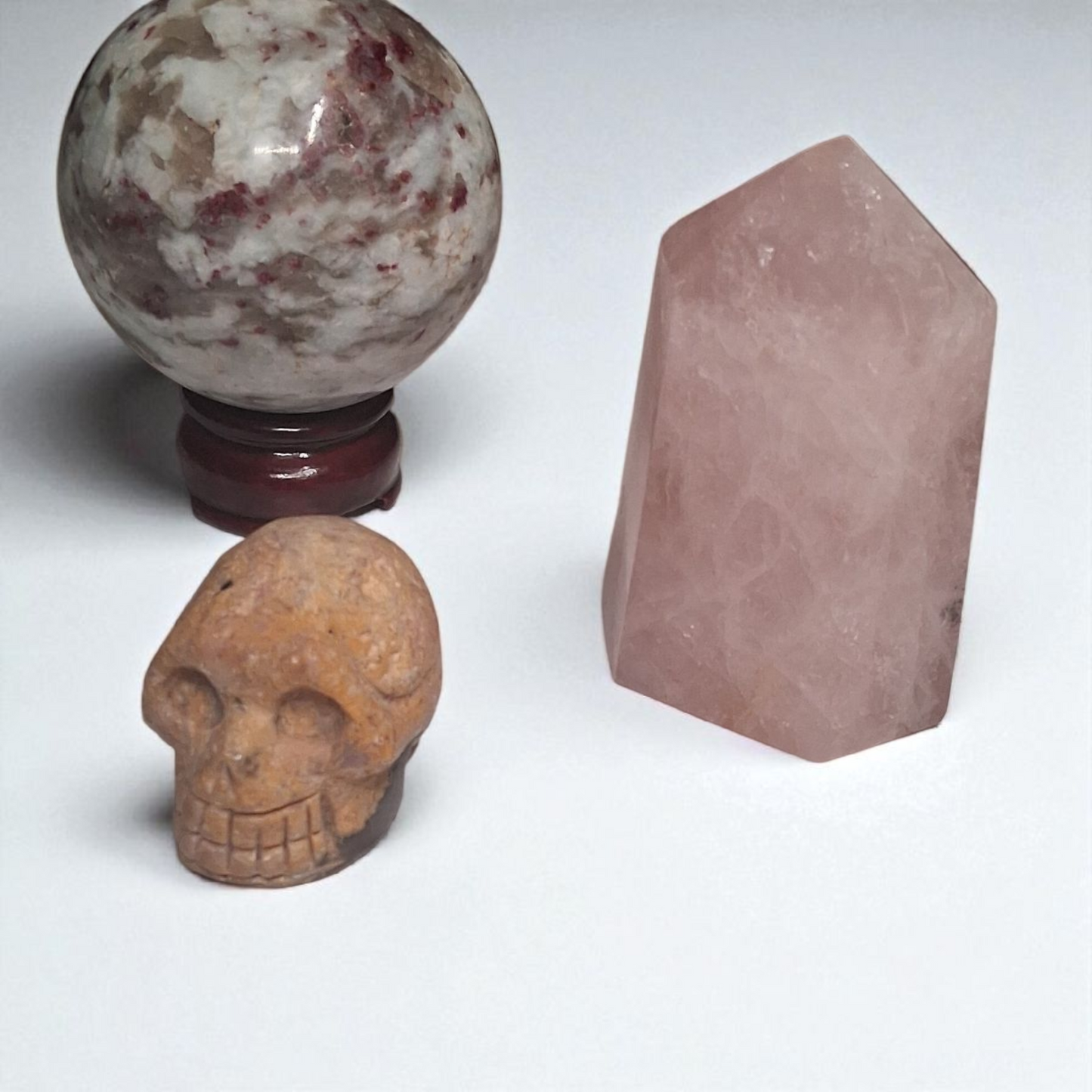 Rubellite Tourmaline Sphere (80mm), Rubellite Tourmaline Skull (2"), & Rose Quartz Tower (3") – Crystal Healing Set