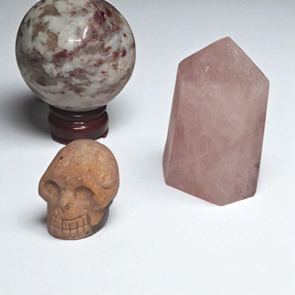 Rubellite Tourmaline Sphere (80mm), Rubellite Tourmaline Skull (2"), & Rose Quartz Tower (3") – Crystal Healing Set