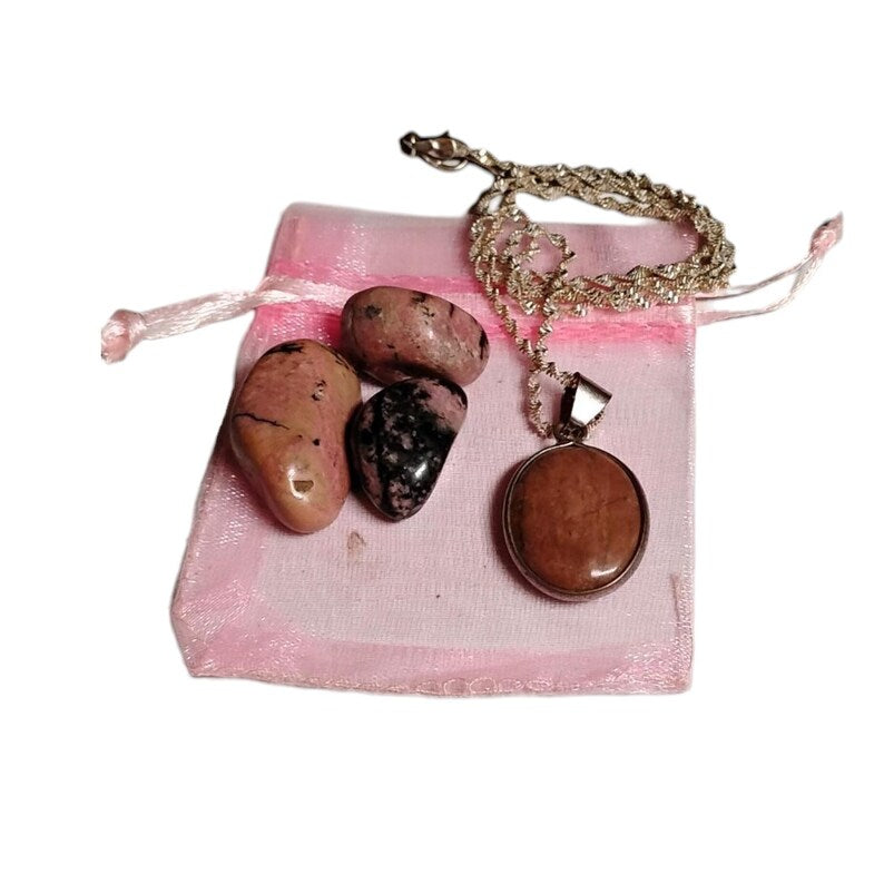 Rhodochrosite Pendant Necklace with Rhodolite Tumbled Stones & Gift Bag Set