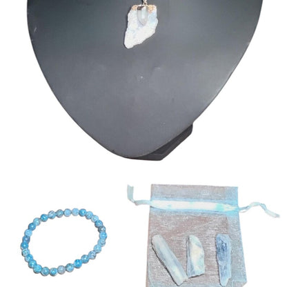 Lapis Lazuli Bracelet with Raw Kyanite Pendant Necklace & 3 Kyanite Crystal Pieces – Healing Crystal Set