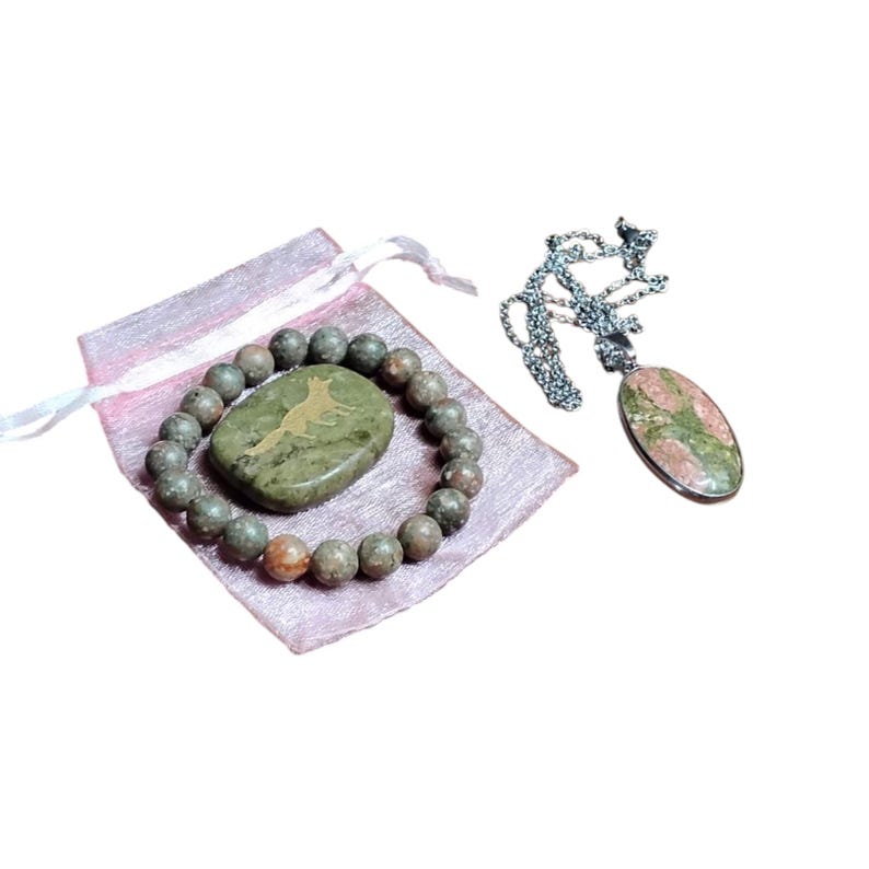 Unakite Crystal Jewelry & Totem Set Pendant Necklace, Beaded Bracelet , Engraved Fox Stone