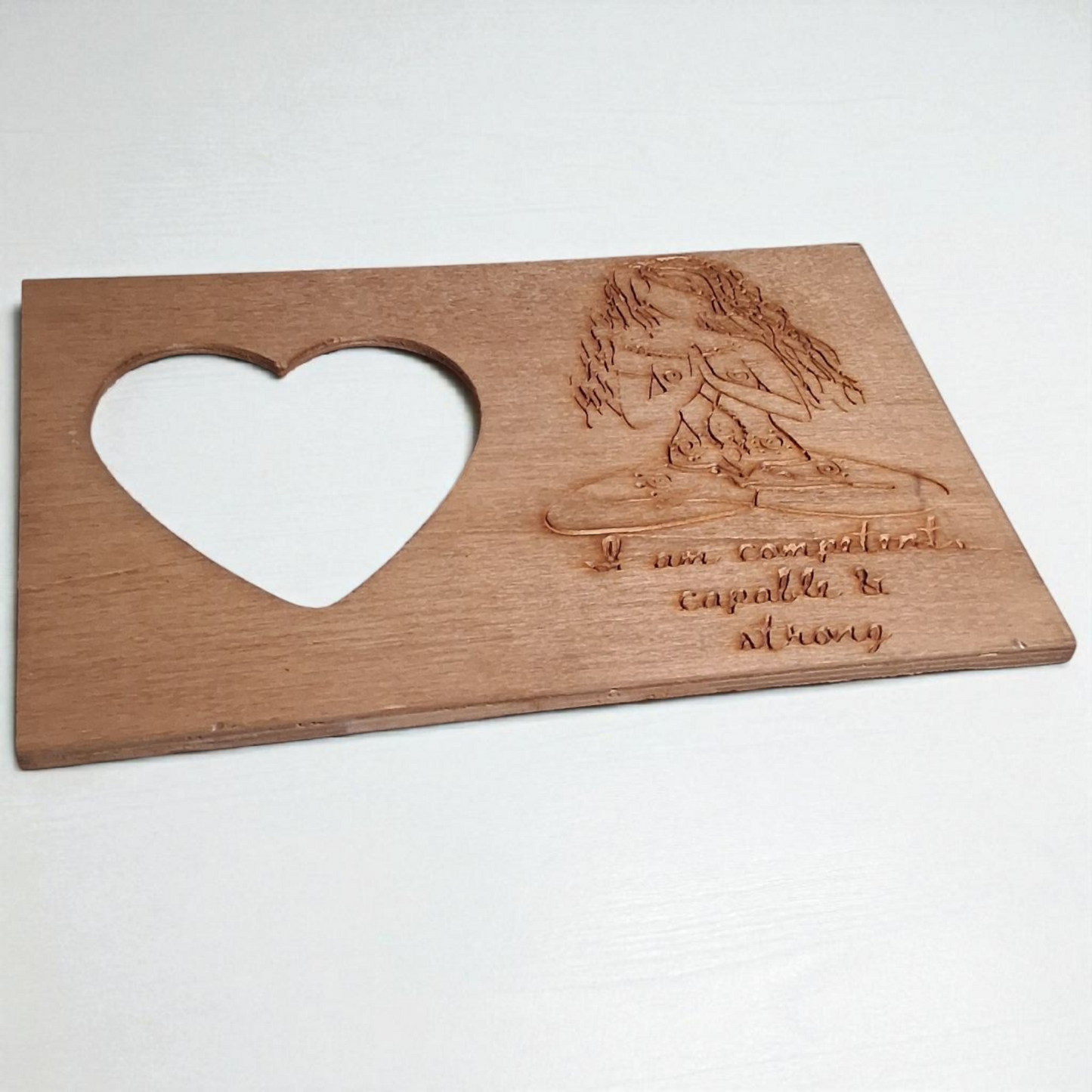 Engraved Wooden Heart Picture Frame – “I Am Confident, Capable & Strong” Yoga Goddess Design – 6x9 Empowerment Decor