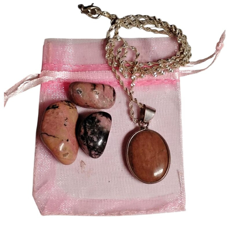 Rhodochrosite Pendant Necklace with Rhodolite Tumbled Stones & Gift Bag Set