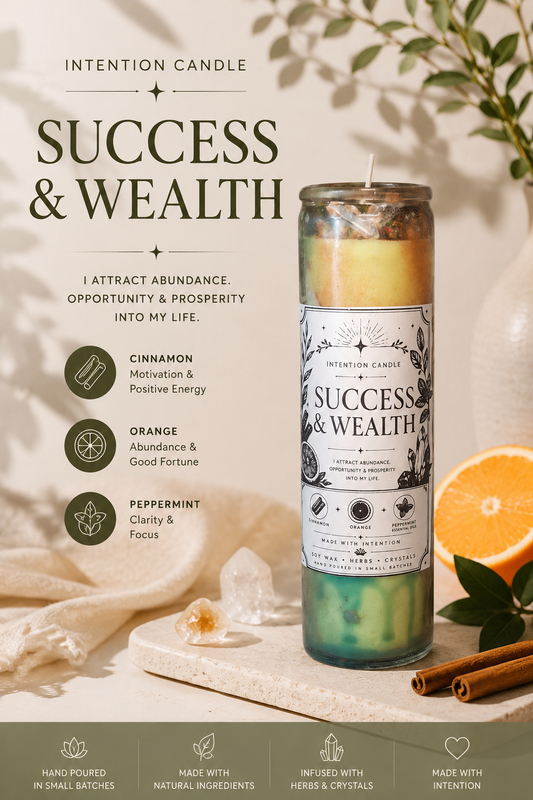 Success & Wealth Intention Candle | Cinnamon, Orange & Peppermint Essential Oil | Crystal & Herb Infused Spiritual Candle