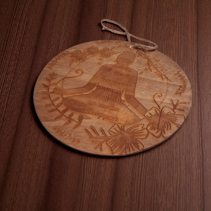 Engraved Wooden Wall Hanging – 6" Meditating Figure with Floral Design