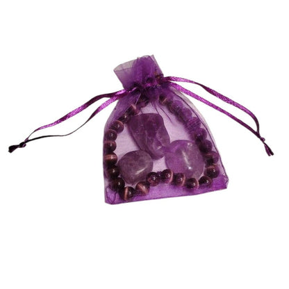 Purple Glass Cat’s Eye Bracelet with 3 Amethyst Tumbled Stones – Intuition, Protection & Spiritual Healing