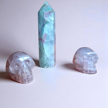 Green Fluorite Tower (4") & Two Purple Fluorite Crystal Skulls (2") – Healing Crystal Set
