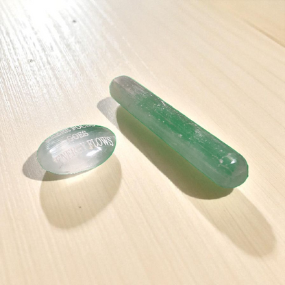 Selenite Wand & Engraved Palm Stone – Crystal Energy Cleansing & Meditation Set