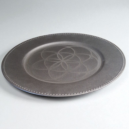 Engraved Silver Plate – 12" Decorative Tray with Flower of Life Sacred Geometry Design