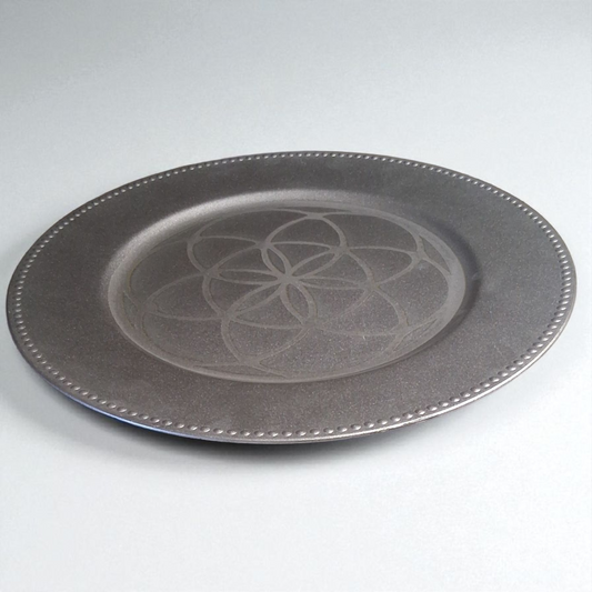 Engraved Silver Plate – 12" Decorative Tray with Flower of Life Sacred Geometry Design