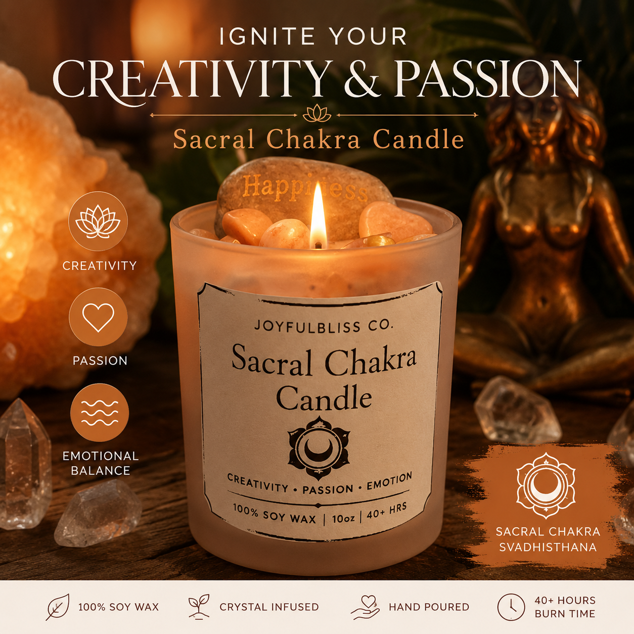 Sacral Chakra Candle – Creativity, Passion & Emotional Balance Soy Wax Crystal Candle | JoyfulBliss Co.