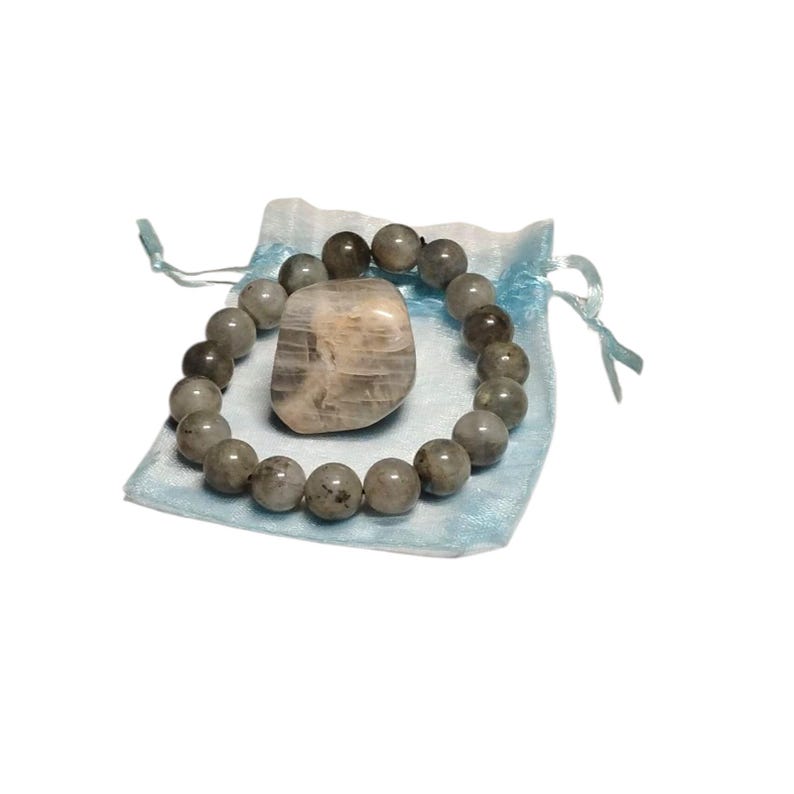 Labradorite Protection Bracelet with Moonstone Tumbled Crystal – Intuition & Transformation Set