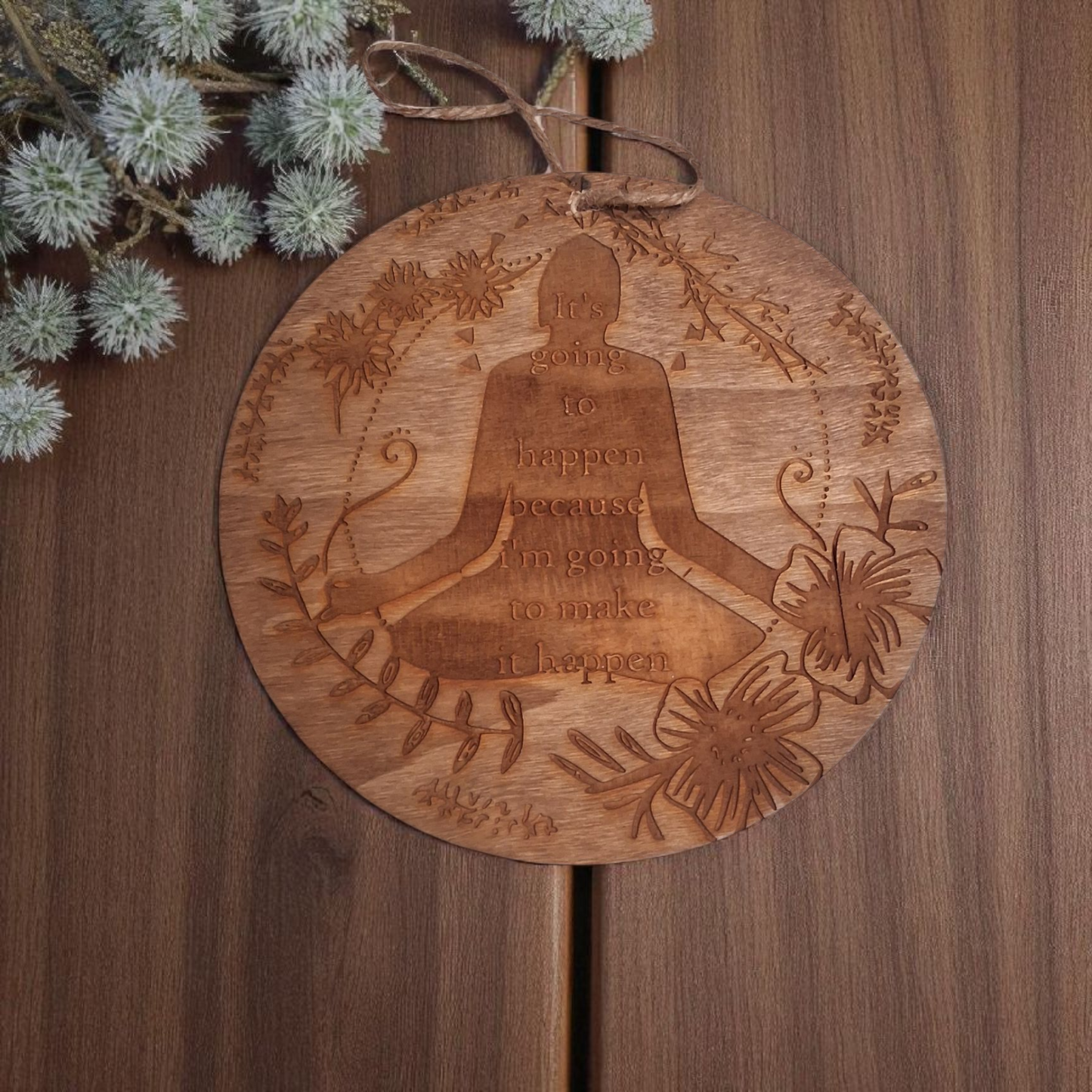 Engraved Wooden Wall Hanging – 6" Meditating Figure with Floral Design