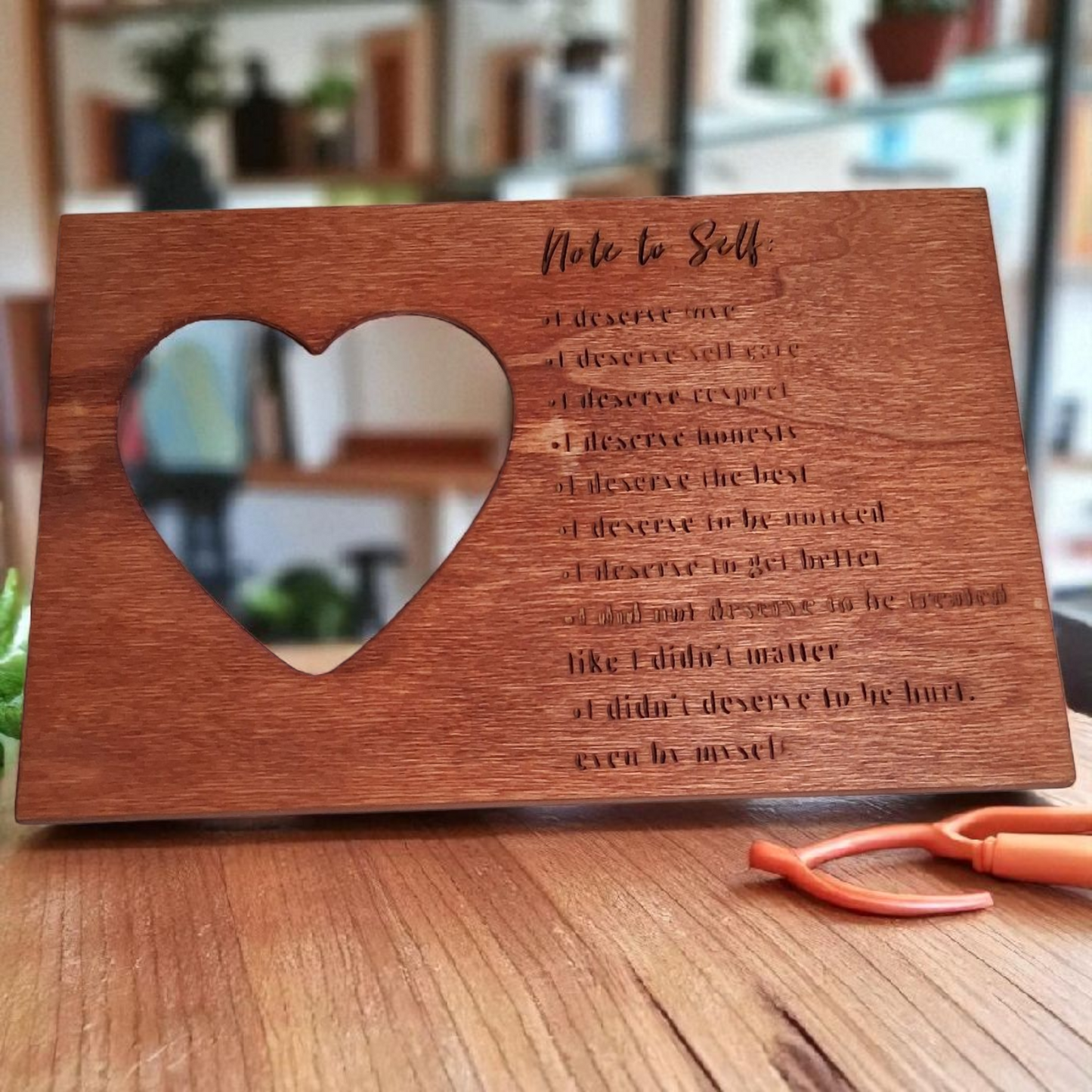 Engraved Wooden Heart Picture Frame – “Note to Self” Self-Love Affirmation – 6x9 Inspirational Healing Decor