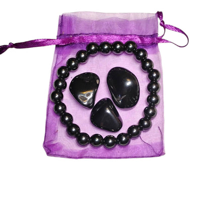 Hematite Bracelet & Tumbled Stone Set – Grounding, Protection & Balance Kit