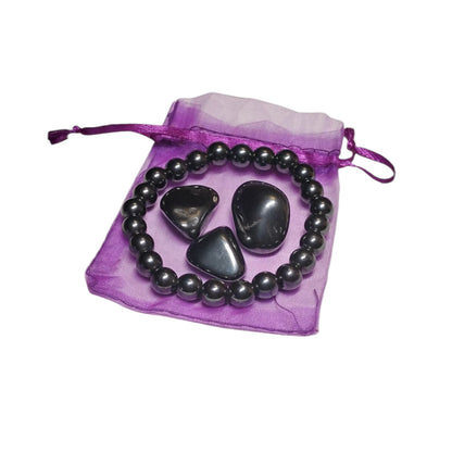 Hematite Bracelet & Tumbled Stone Set – Grounding, Protection & Balance Kit