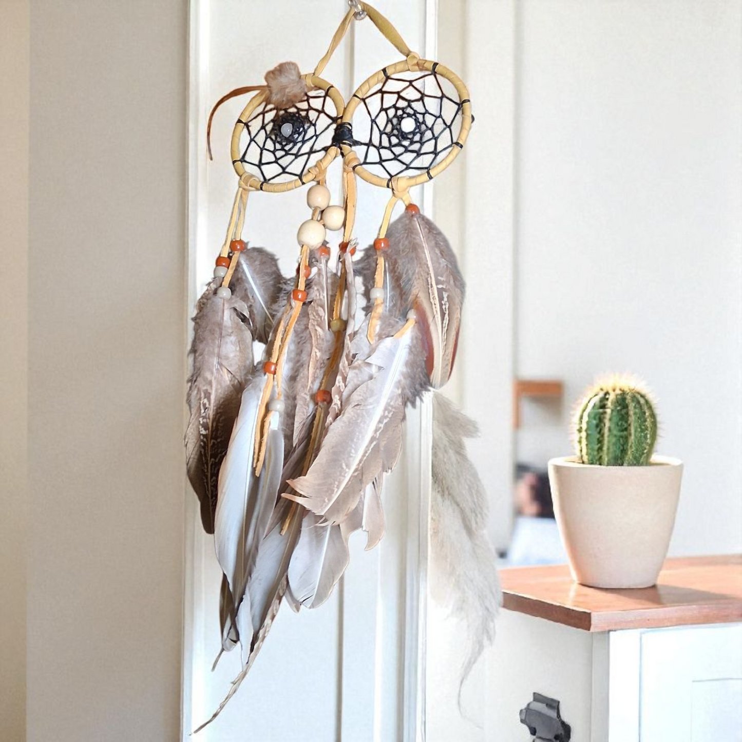 Owl-Themed Double Dream Catcher – 15x6 Handmade Feather Wall Hanging for Protection & Wisdom