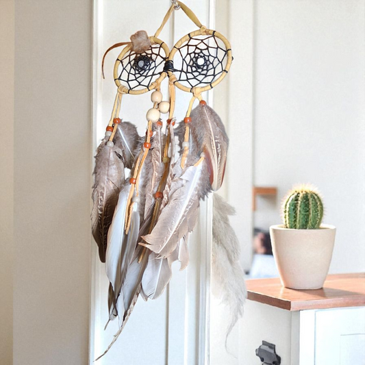 Owl-Themed Double Dream Catcher – 15x6 Handmade Feather Wall Hanging for Protection & Wisdom