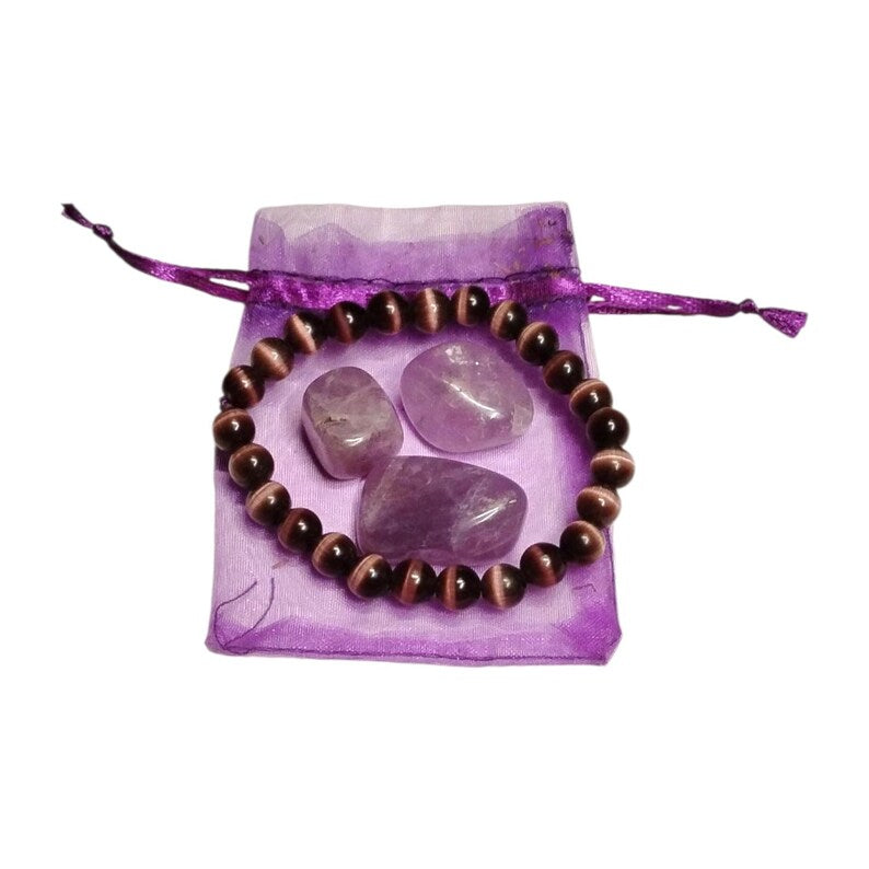 Purple Glass Cat’s Eye Bracelet with 3 Amethyst Tumbled Stones – Intuition, Protection & Spiritual Healing