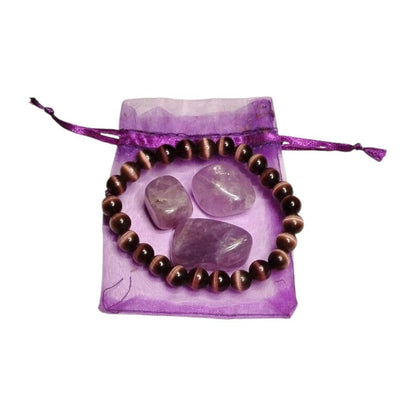 Purple Glass Cat’s Eye Bracelet with 3 Amethyst Tumbled Stones – Intuition, Protection & Spiritual Healing