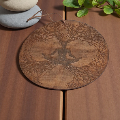 Engraved Wooden Wall Hanging – 6" Tree of Life Meditating Figure Design | Spiritual Home & Altar Décor