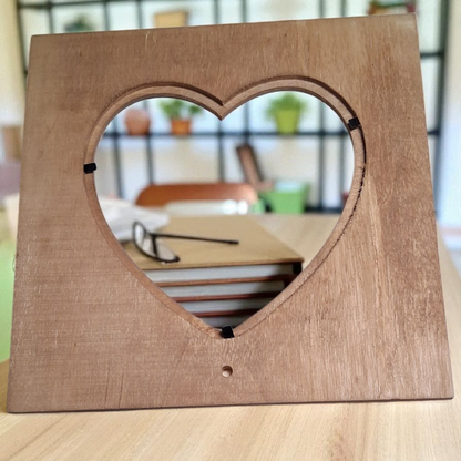 Engraved Wooden Heart Picture Frame – Moon Phase & Botanical Design – 7x7 Boho Spiritual Home Decor