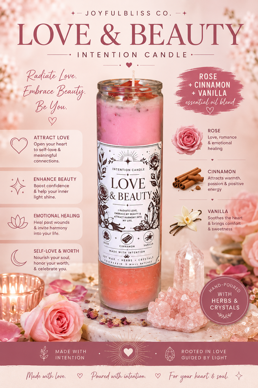 Love & Beauty Intention Candle | Self-Love, Confidence & Emotional Healing Candle | Rose, Cinnamon & Vanilla Soy Wax Candle with Herbs & Crystals