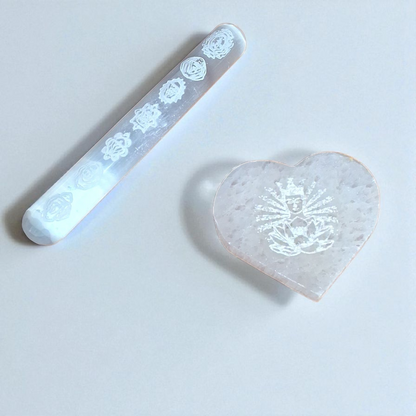 Selenite Engraved Chakra Wand (5") & Engraved Heart (3") – Crystal Energy Healing Set
