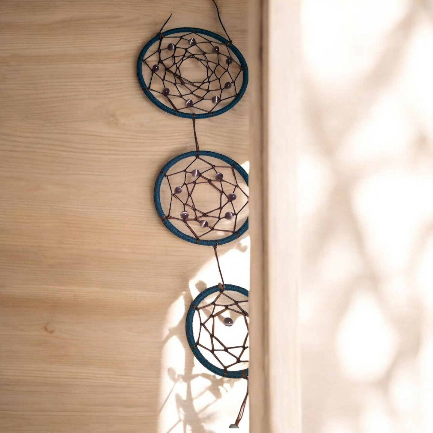 Triple Dream Catcher Wall Hanging – 18x5 Blue/Tan Boho Feather Decor for Peaceful Energy & Protection
