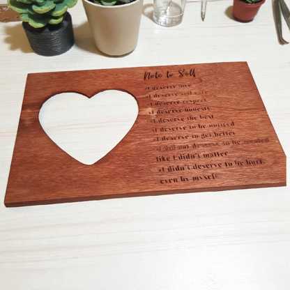 Engraved Wooden Heart Picture Frame – “Note to Self” Self-Love Affirmation – 6x9 Inspirational Healing Decor