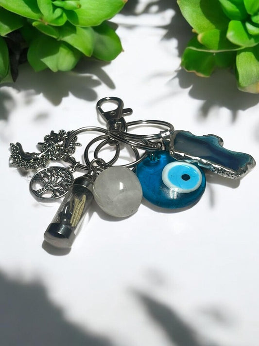 Protection & Energy Crystal Keychain Set – Evil Eye, Agate Slice, Moon & Sun Charms, Tree of Life, and Mini Spell Jar