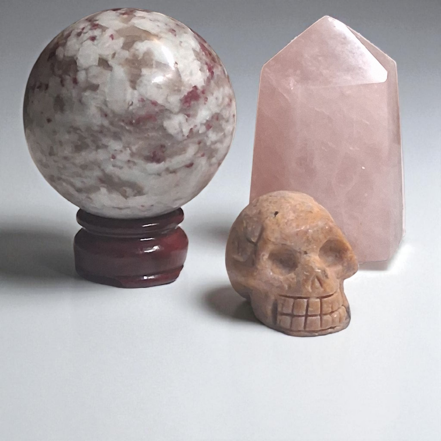 Rubellite Tourmaline Sphere (80mm), Rubellite Tourmaline Skull (2"), & Rose Quartz Tower (3") – Crystal Healing Set