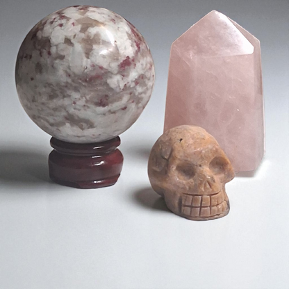 Rubellite Tourmaline Sphere (80mm), Rubellite Tourmaline Skull (2"), & Rose Quartz Tower (3") – Crystal Healing Set