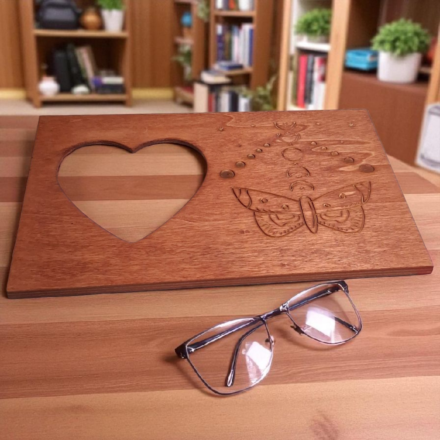 Engraved Wooden Heart Picture Frame – 6x9 Luna Moth & Moon Phase Design – Boho Spiritual Home Decor