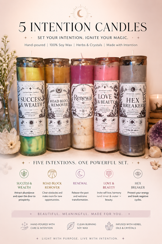 5 Intention Candle Set | Spiritual Ritual Candle Bundle with Herbs, Crystals & Essential Oils | Hand-Poured Soy Wax Candles