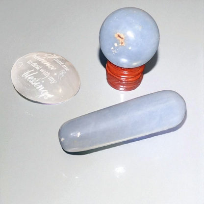 Angelite Sphere (40mm), Angelite Wand (3"), & Selenite Palm Stone (2") – Crystal Healing Set