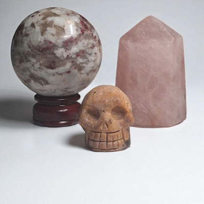 Rubellite Tourmaline Sphere (80mm), Rubellite Tourmaline Skull (2"), & Rose Quartz Tower (3") – Crystal Healing Set