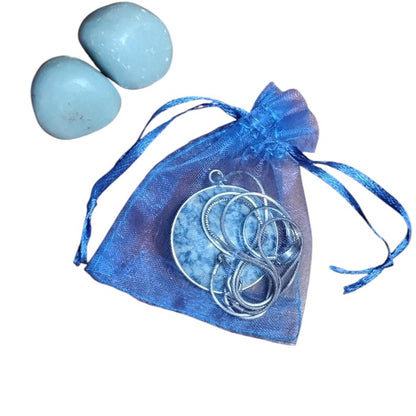 Sodalite Pendant Necklace with Angelite Stones & Evil Eye Protection Ring Set