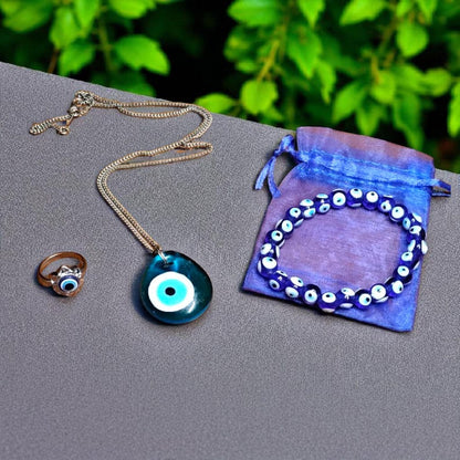 Protective Evil Eye Jewelry Set – Necklace, Ring & Beaded Bracelet with Gift Pouch