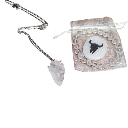 Clear Quartz Arrowhead Pendant Necklace, Bracelet & Totem Stone Set with Gift Bag
