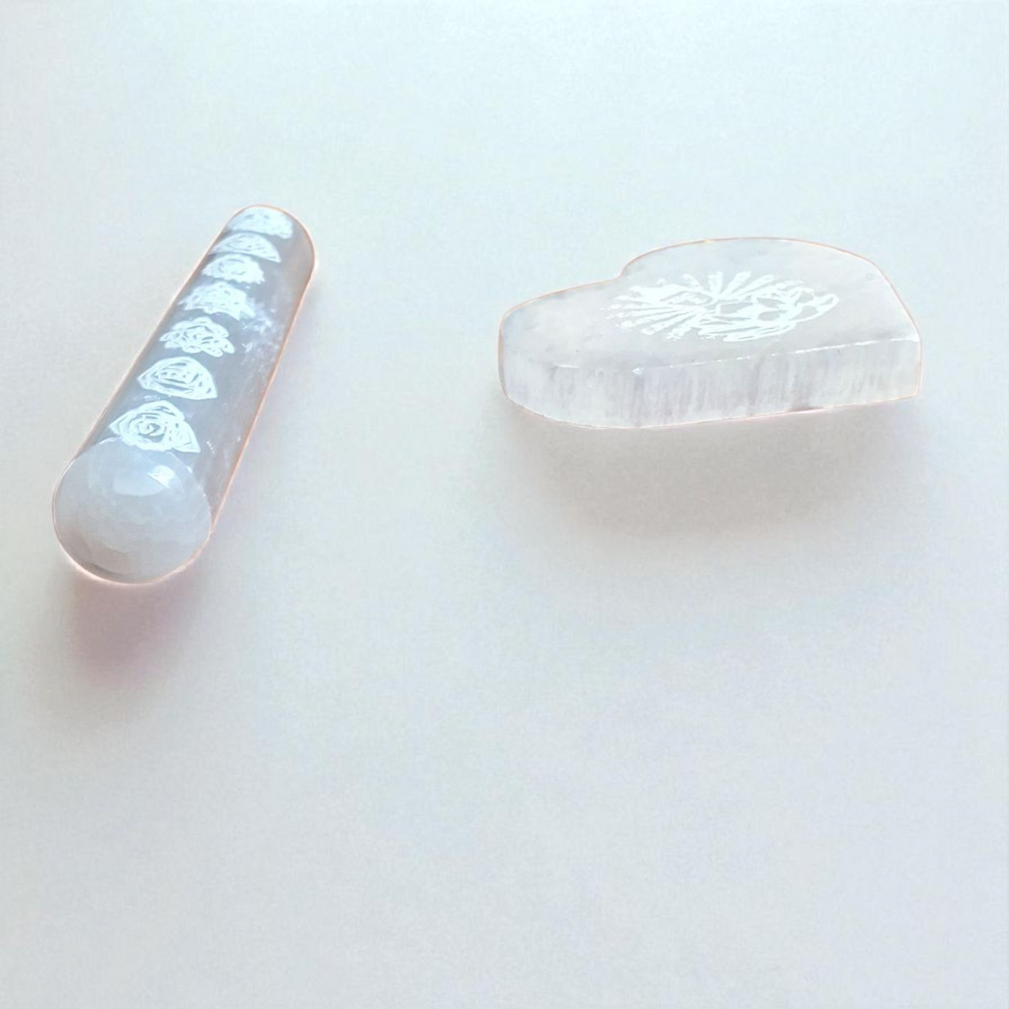 Selenite Engraved Chakra Wand (5") & Engraved Heart (3") – Crystal Energy Healing Set