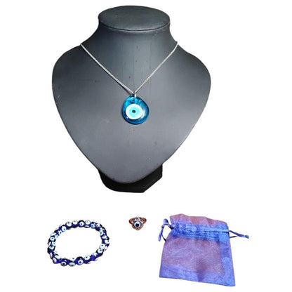 Protective Evil Eye Jewelry Set – Necklace, Ring & Beaded Bracelet with Gift Pouch