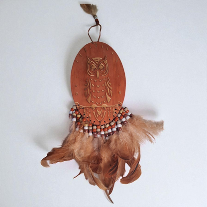 Engraved Wooden Owl Wall Hanging – 12" x 6" Feather and Bead Décor with Spirit Animal Meaning