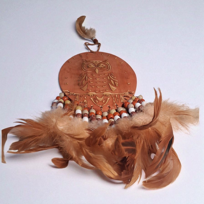 Engraved Wooden Owl Wall Hanging – 12" x 6" Feather and Bead Décor with Spirit Animal Meaning