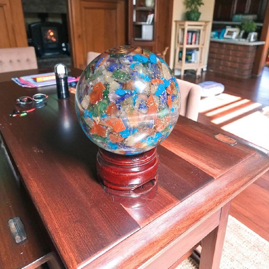 Orgone Multi-Chakra Healing Sphere – 70mm Crystal Ball with Copper Coil & Wooden Stand